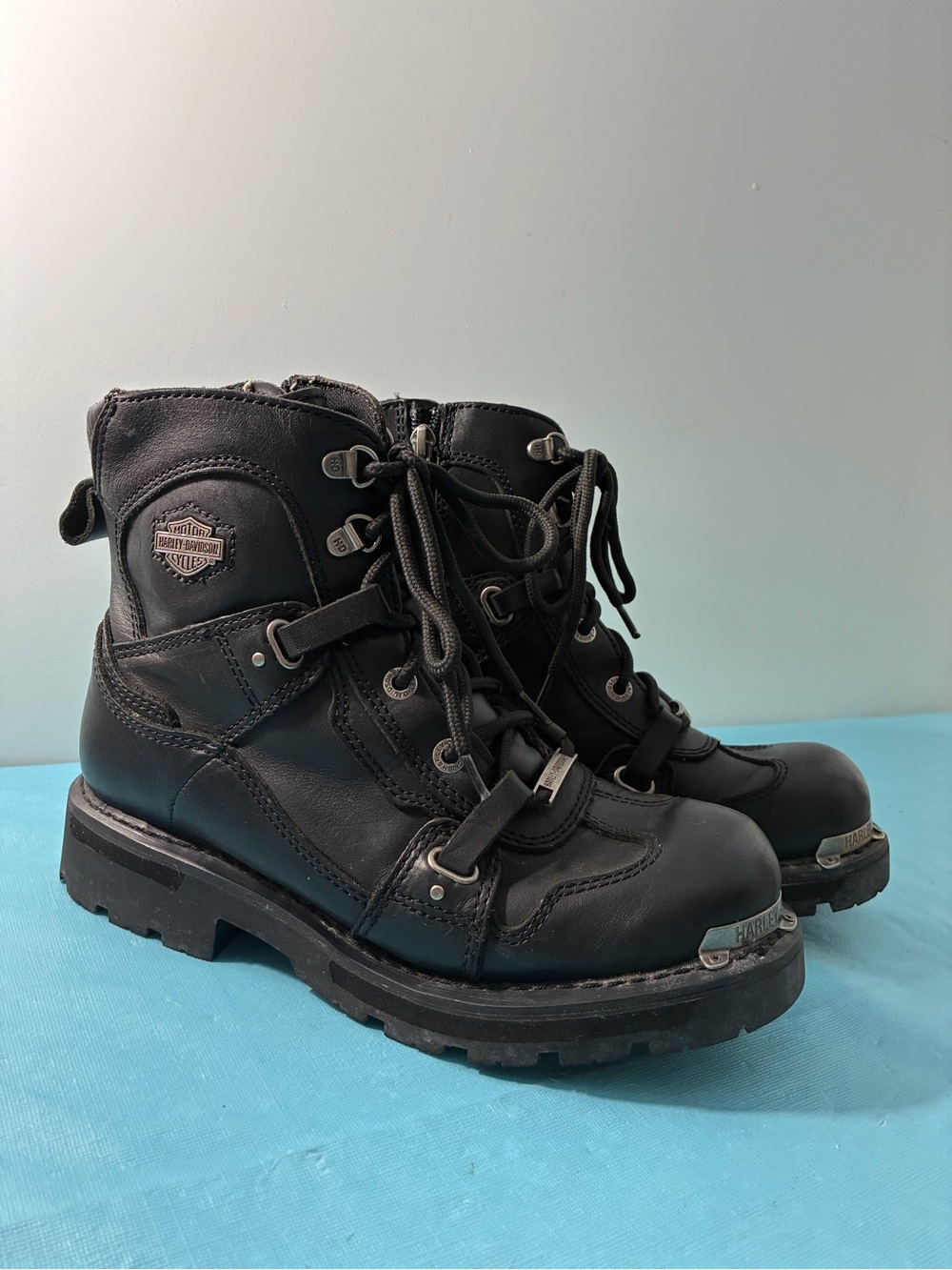 Harley-Davidson Women’s Black Leather ‘Thea’ Lace-Up Zip Moto Boots Size 9